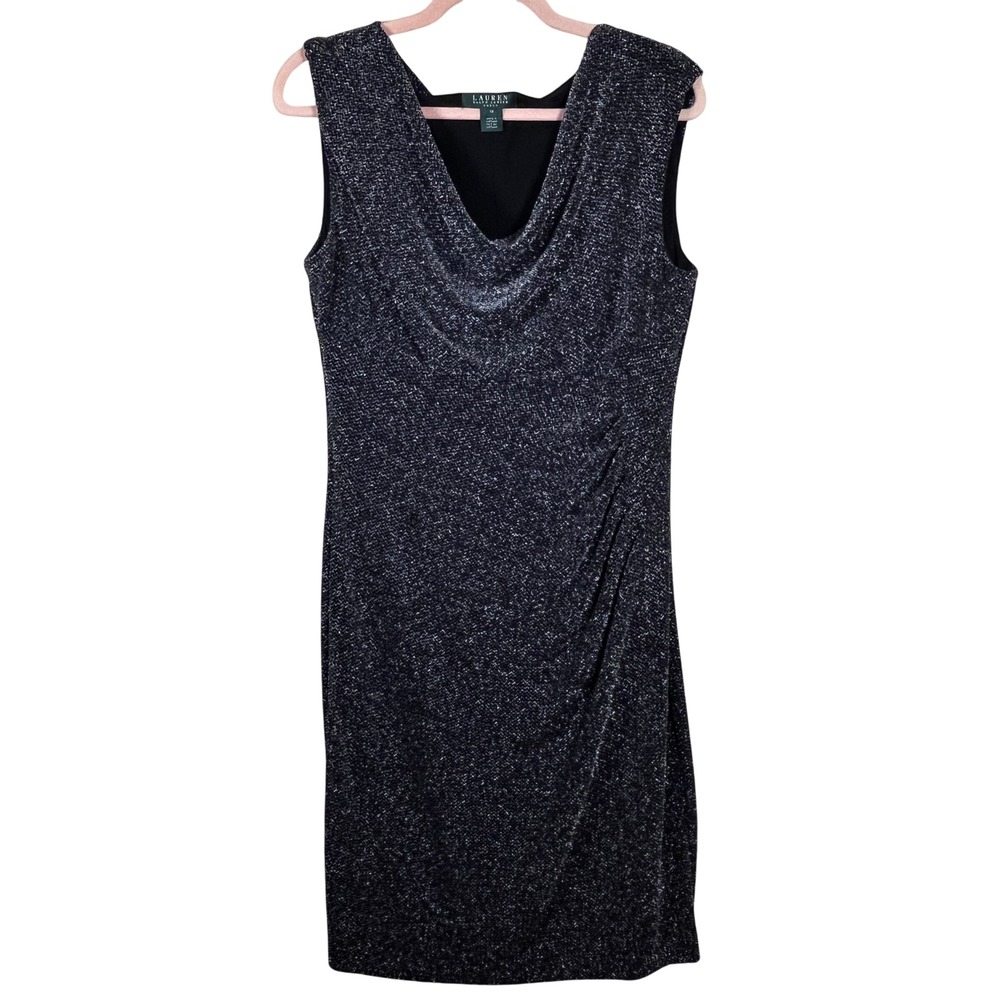 Lauren Ralph Lauren Black Silver Metallic Cowl Neck Ruched Sheath Dress Size 14